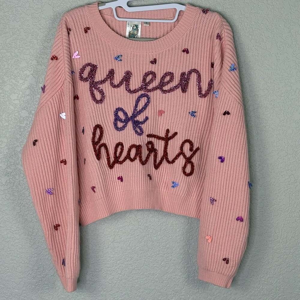 NWOT Queen of Sparkles Sweater Queen Of Hearts Oversized Crop Pink Size S